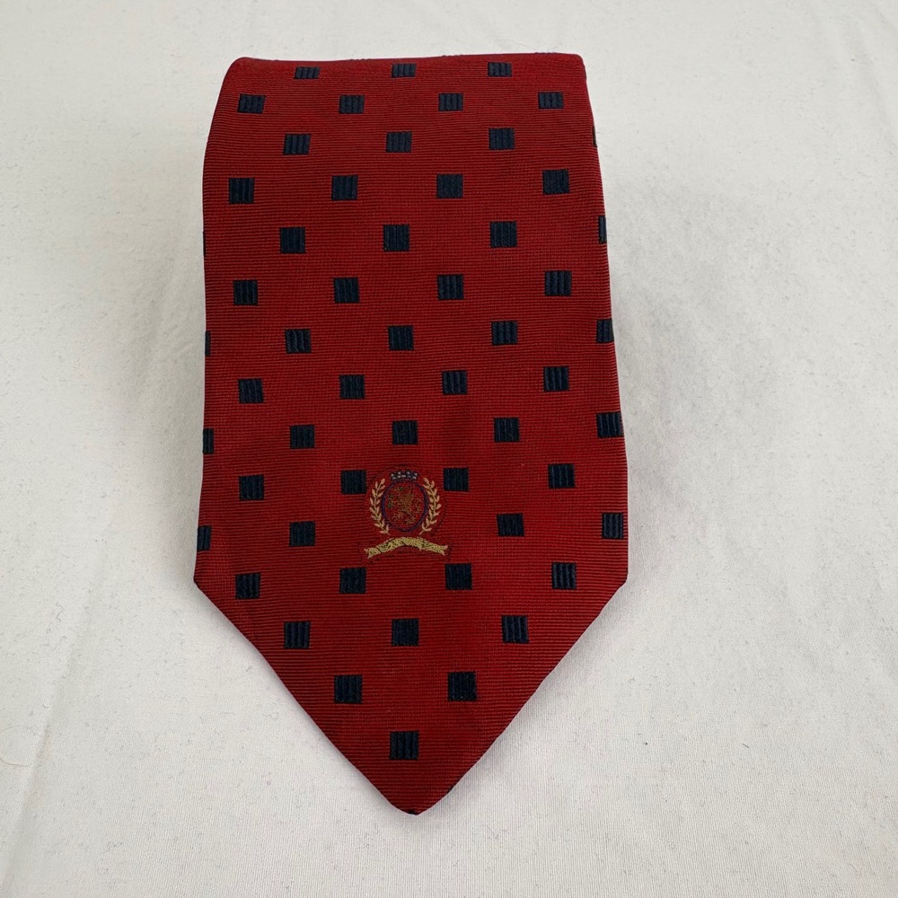 Vintage Tommy Hilfiger Mens‎ 100% Silk Red Navy Dot Shield Necktie Made USA